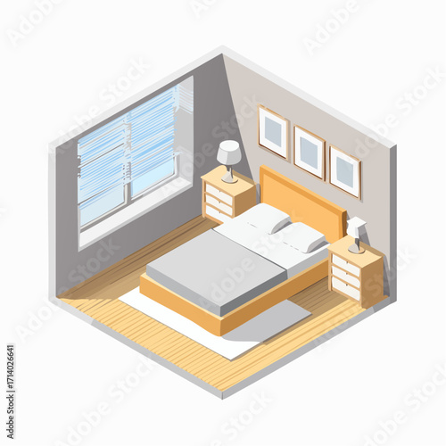 Stylish bedroom interior with warm lighting, bed, and modern furniture.