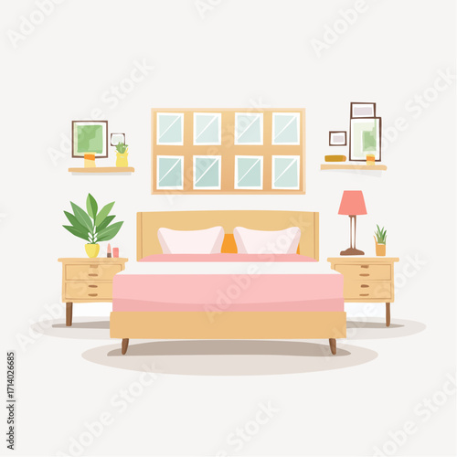 Minimalist bedroom design with cozy bed, lamps, and framed pictures.