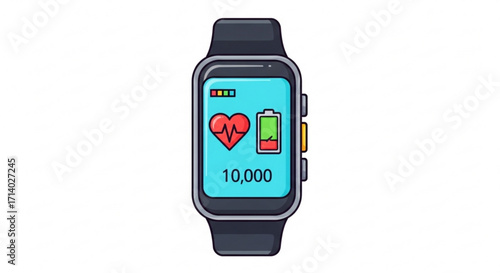 Smartwatch with health tracking features, displaying heart rate, step count, and battery level for fitness enthusiasts