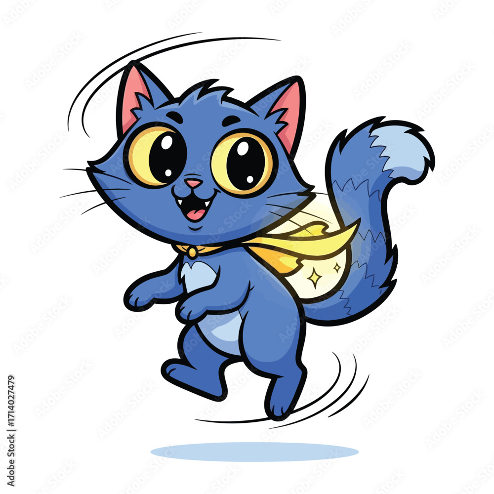 Obraz premium Cute Kitten: A vibrant cartoon cat is depicted with captivating blue fur, showcasing a playful and energetic expression that is enhanced by a touch of sparkle, highlighting the cheerful spirit.