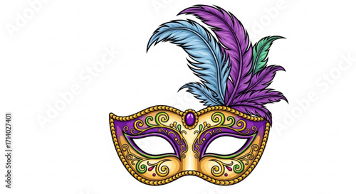 Elegant mardi gras mask with feathers, perfect for carnival celebrations and festive designs with a touch of mystery