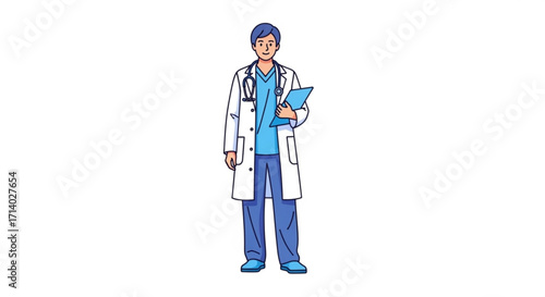 Full body illustration of a young male doctor in a white coat and blue scrubs holding a clipboard he is smiling
