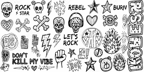 Collection of hand drawn black and white rock and roll icons and typography for grunge and punk style