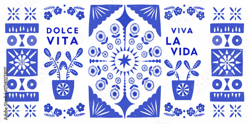 Vibrant blue and white folk art pattern with floral motifs and inspirational phrases