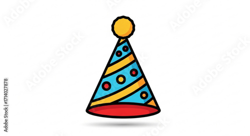 Colorful party hat with yellow pompom and blue stripes, , perfect for birthday celebrations and festive occasions