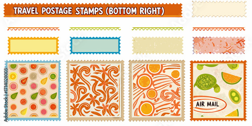 Collection of colorful travel postage stamps with decorative borders and various designs