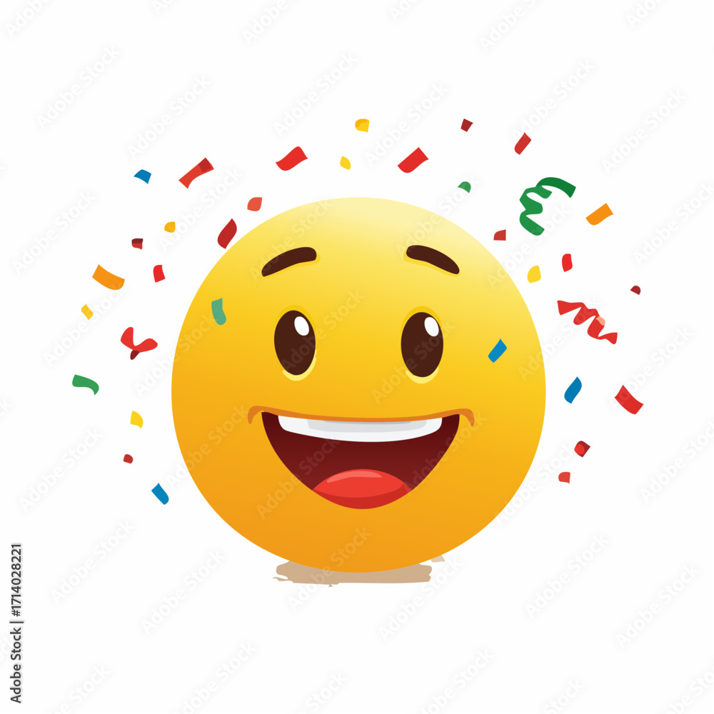 Fototapeta premium Yellow emoji with confetti flying around, representing joy, fun, and celebration moments.