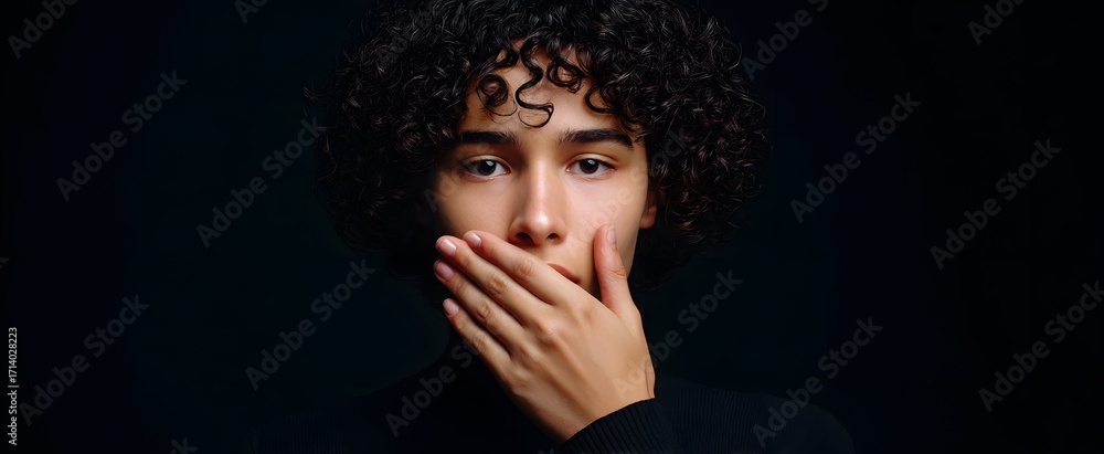Fototapeta premium The person covering their mouth symbolizes suppression and self-restraint.