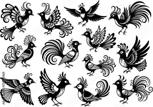 Vector art of artistic collection of stylized birds with elaborate plumage and decorative elements