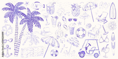 Collection of hand drawn purple summer beach vacation icons and elements