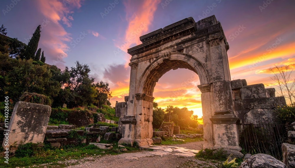 Fototapeta premium Ancient Stone Archway Ruins Amidst Greenery at Colorful Sunset Sky Remains of Roman Architectural Wonders With Vibrant Sky