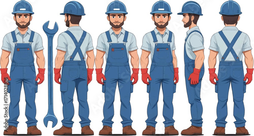 Construction worker using wrench, various perspectives. Suitable for construction, maintenance, repair, labor, industrial themes in design projects.