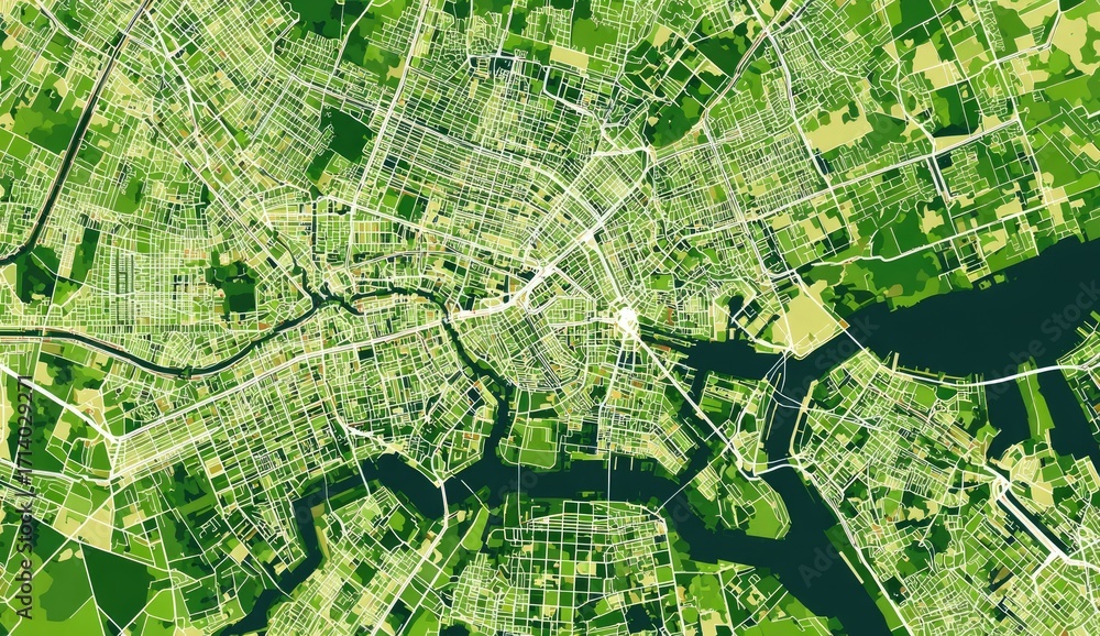 Fototapeta premium High-level aerial map of a metropolitan area. Green, light green, and tan areas show urban, suburban, and rural land use. Visible are waterways, roads, and transportation infrastructure. 