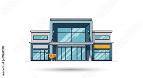 Illustration of a shopping mall building, representing retail, commerce, and consumerism