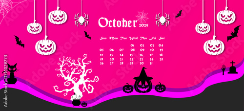 Halloween October 2025 calendar background with spooky pumpkins, bats, witch hat and creepy design in festive pink theme, perfect for holiday template, seasonal wallpaper and celebration banner