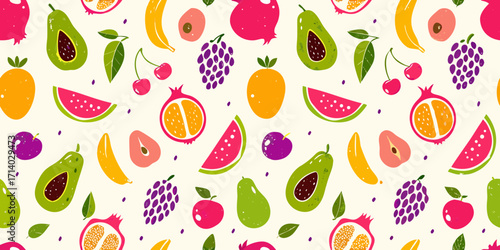 Vibrant and colorful assorted fruits seamless pattern background design