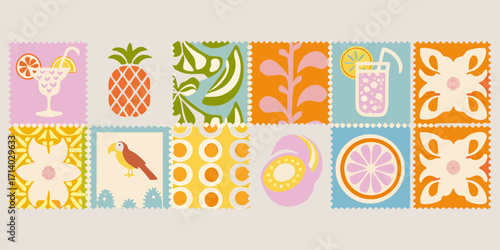 Collection of colorful retro inspired postage stamps featuring tropical fruits drinks and nature motifs