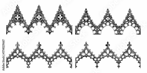 Collection of intricate gothic architectural decorative elements and ornamental borders in black and white