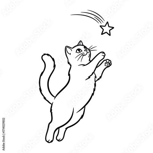 Whimsical Feline Dream: A charming cat reaches toward a shooting star. This adorable illustration evokes a sense of wonder and the playful innocence of childhood.