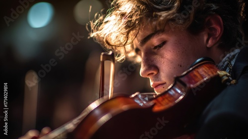 Young musician playing violin with intense concentration