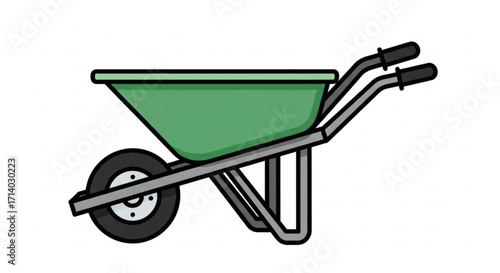 A green wheelbarrow, used for gardening, construction, and landscaping, representing hard work and outdoor activities