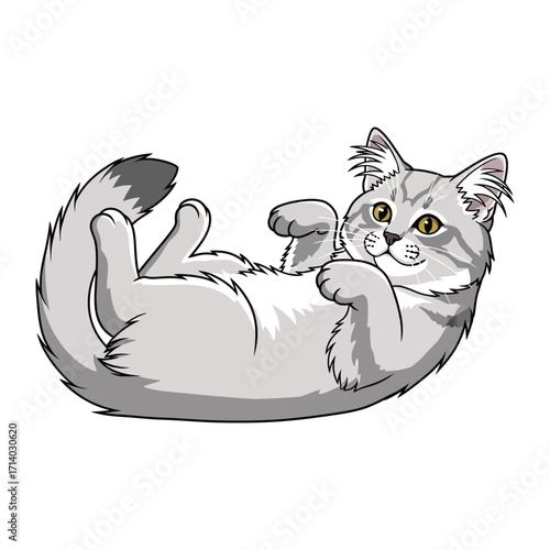Playful Feline's Delightful Pose: A charming cartoon illustration of a cuddly cat with fluffy fur and adorable features, lying on its back, looking gleefully at the viewer, inviting warmth.
