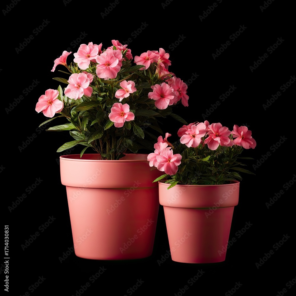 Fototapeta premium Two small potted plants with pink flowers