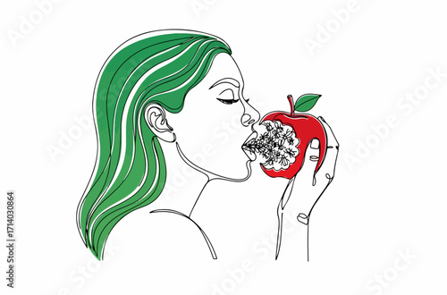 A woman with green hair is about to bite into a red apple filled with seeds, in a minimalist line art style isolated on white background