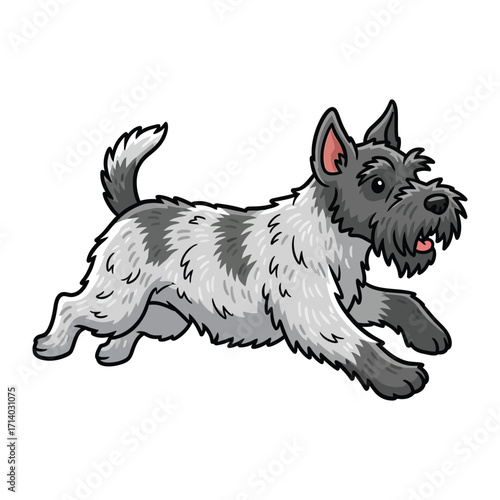Joyful Terrier's Run: A charming terrier dog bounds with boundless energy, his playful spirit and joyful expression captured in a delightful cartoon illustration.