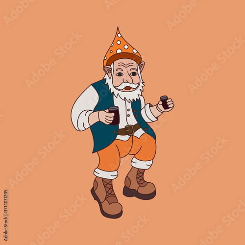 Gnome Character with Beard and Drink in Hand Cartoon Vector Illustration
