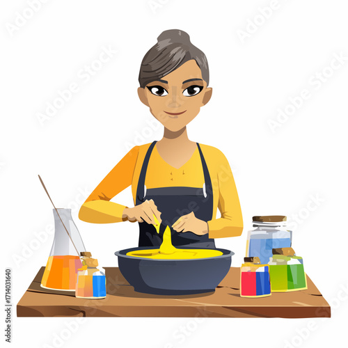 Smiling woman mixing yellow ingredients in a dark bowl, creating a homemade concoction.