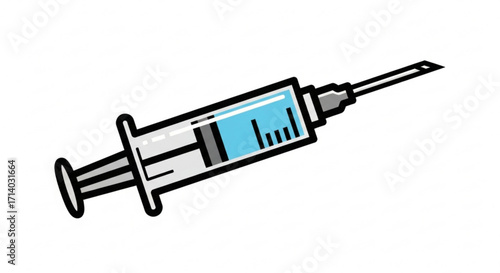 Illustration of a syringe, a medical tool used for injecting fluids or drawing blood in a cartoon style