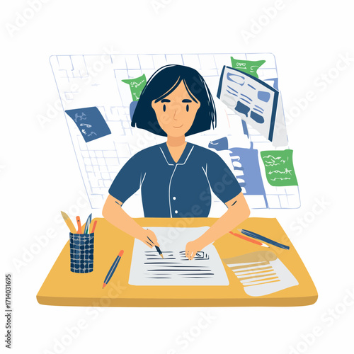 Focused young woman diligently working at her desk amidst a flurry of papers and design plans.