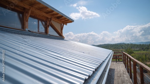 Beautiful photo of corrugated metal roof installed in a modern house. Metal sheet roof.