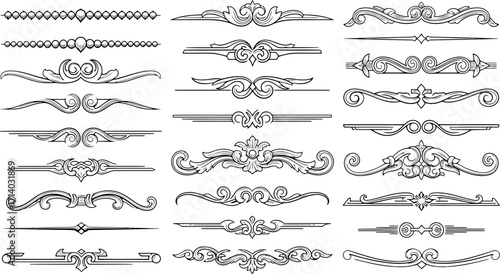 Vector art of assortment of decorative black and white dividers and borders