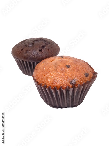 Two muffins sit side by side: one deep chocolate, one banana, both dotted with chips and wrapped in rich brown liners.