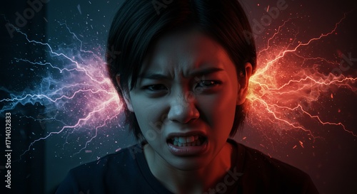 Angry Asian female with intense expression, lightning effects creating dramatic mood.
