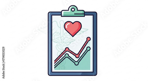 Illustration of a clipboard with a heart symbol and a graph, , representing healthcare, medical data, and patient records