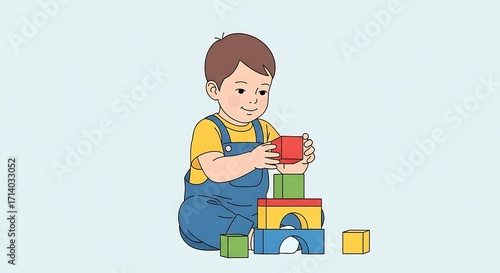 Boy Building Block Tower.