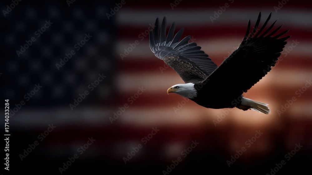 Naklejka premium Bald eagle flying with american flag background