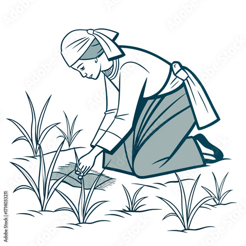 A farmer wearing a headscarf and traditional clothing kneels to tend to crops in a field