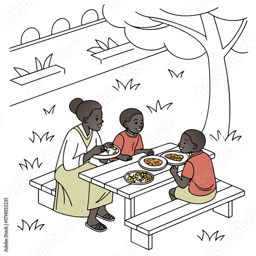 A mother and her two children enjoy a delightful outdoor picnic meal together under a large tree