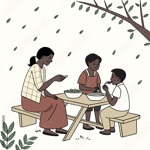 A mother and her two sons enjoy a healthy outdoor meal together under a tree with falling leaves