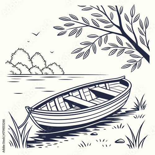 A solitary rowboat rests on a tranquil lake shore beneath a leafy tree and distant birds