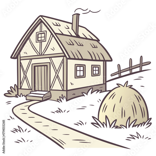Charming cartoon illustration of a rustic cottage with a thatched roof and smoking chimney in a rural setting