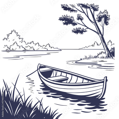 A serene sketch of a rowboat gently floating on calm water near a lush shoreline with a large tree
