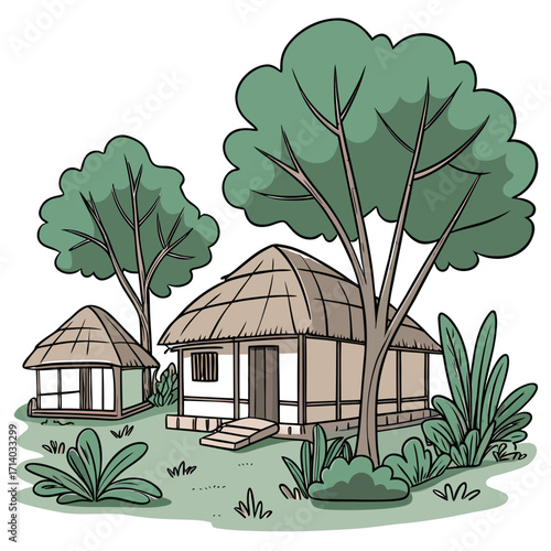 Charming cartoon illustration of traditional thatched roof huts nestled amongst lush greenery and tall trees