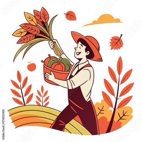 Happy farmer holding harvested wheat and pumpkins in a basket amidst autumn foliage