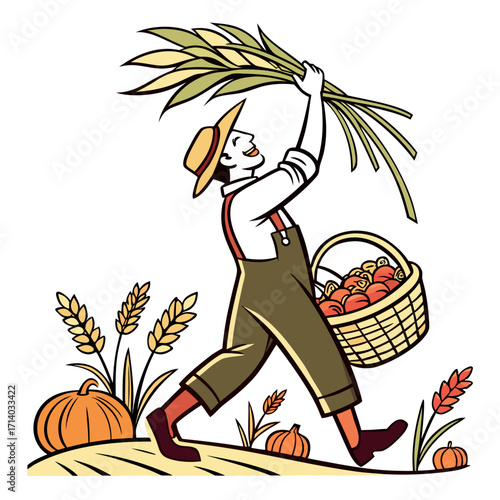 Happy farmer with harvest basket and wheat stalks celebrating abundant autumn season