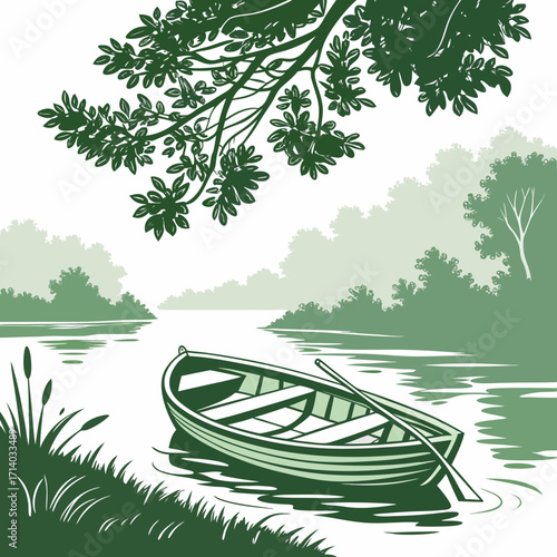 Serene green landscape with a rowboat moored by a lush shoreline under overhanging tree branches